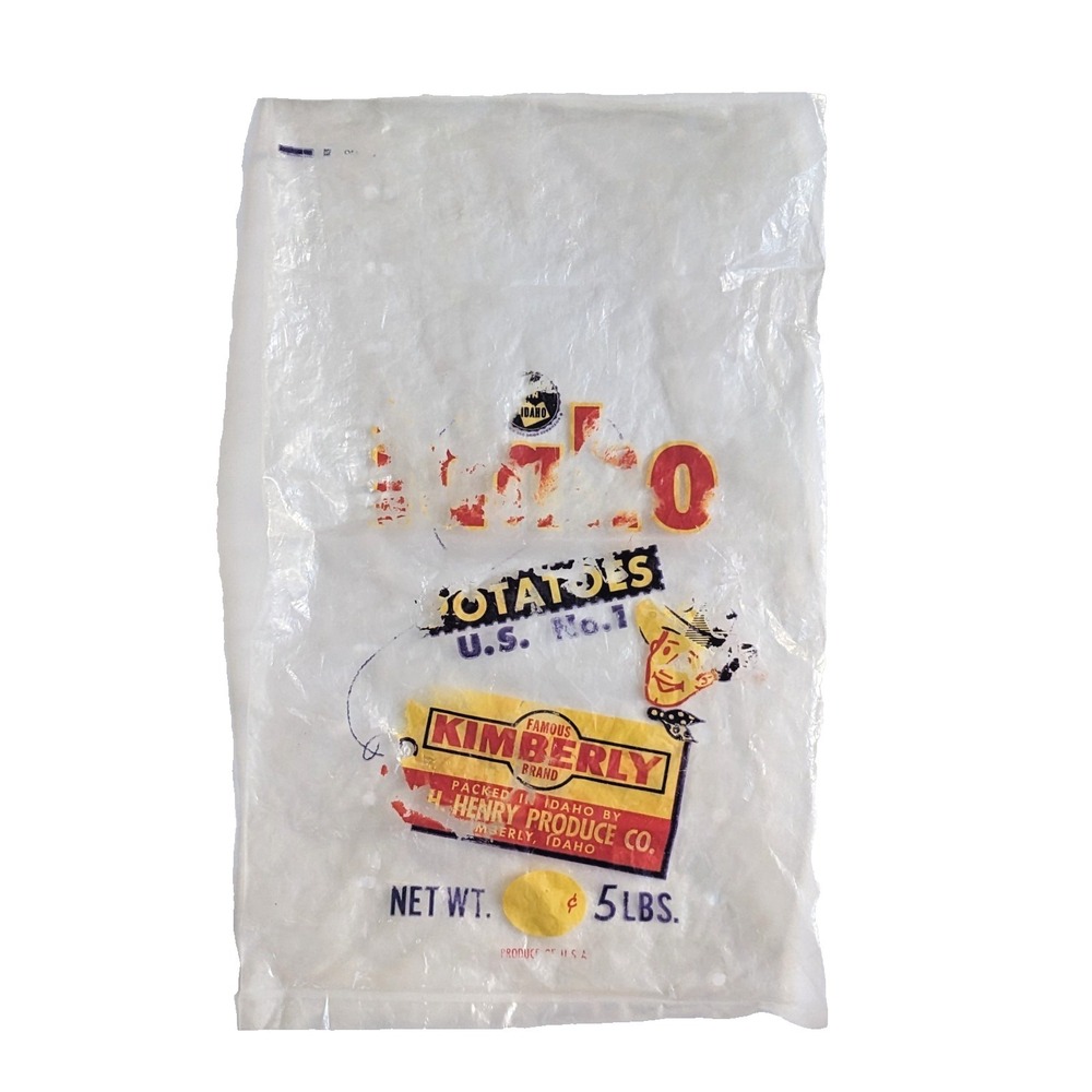 Vintage Mid-Century Kimberly Brand Idaho Potato 5lb Plastic Bag‎ Cowboy Graphic